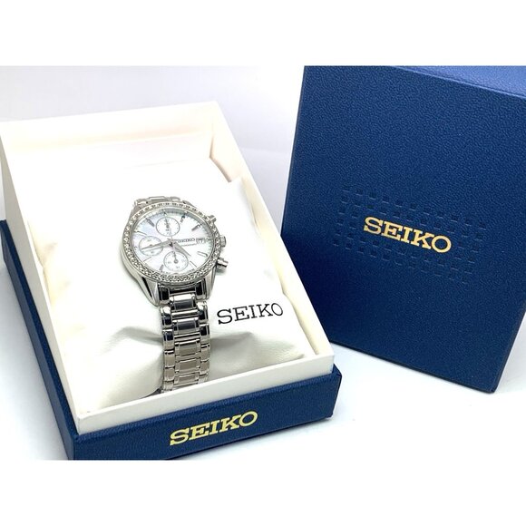 Seiko Women\'s Watch SNDY21 Quartz Mother of Pearl Dial Chronograph Silver Steel